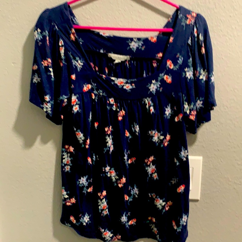 Blue floral knit top with square neck